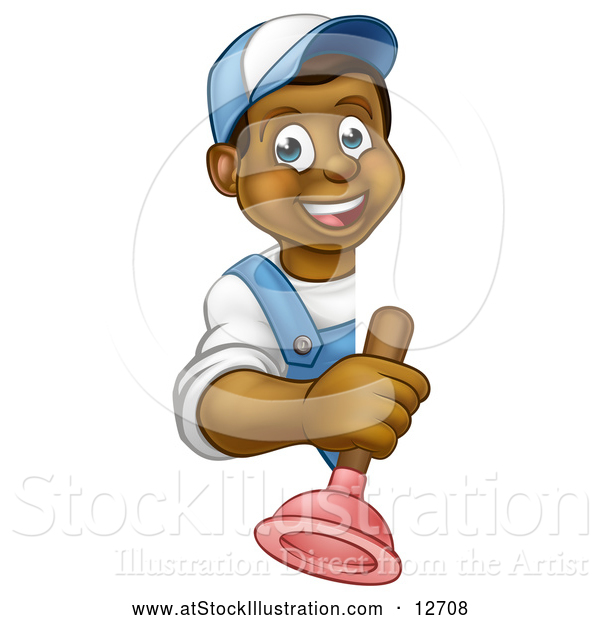 Vector Illustration of a Happy Cartoon Black Plumber Holding Plunger