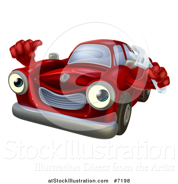 Vector Illustration of a Happy Cartoon Red Car Character Mechanic Holding a Wrench and Thumb up