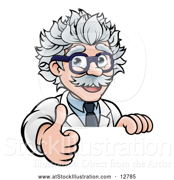 Vector Illustration of a Happy Cartoon Senior Male Scientist Expressing Approval with Thumb up over a Sign