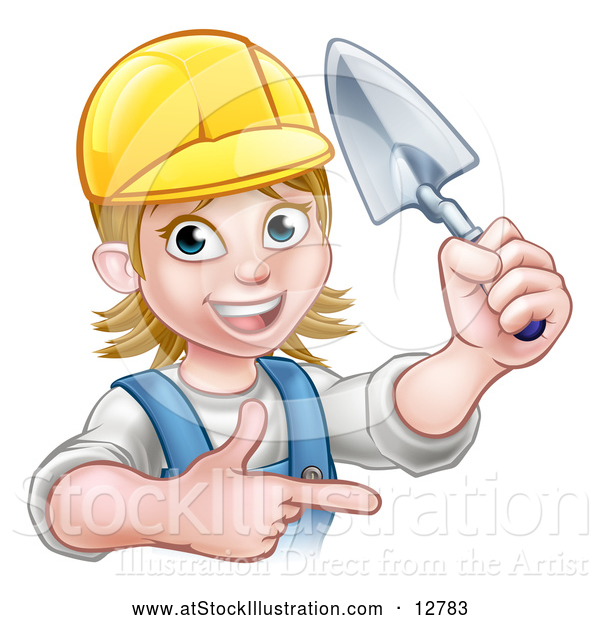 Vector Illustration of a Happy Cartoon White Female Mason with a Trowel While Proudly Pointing Her Finger