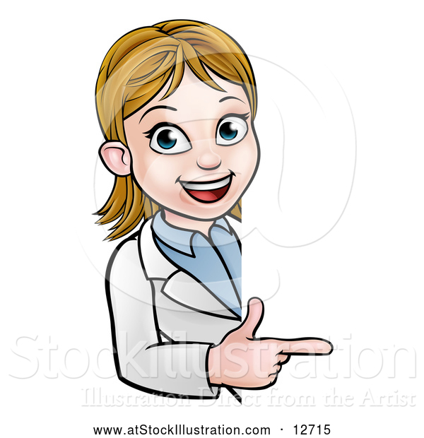 Vector Illustration of a Happy Cartoon White Female Scientist Pointing Finger
