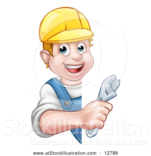 Vector Illustration of a Happy Cartoon White Male Plumber Using Adjustable Wrench Around a Blank Sign