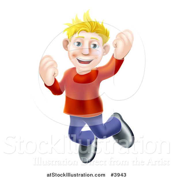Vector Illustration of a Happy Casual Blond Man Jumping and Cheering