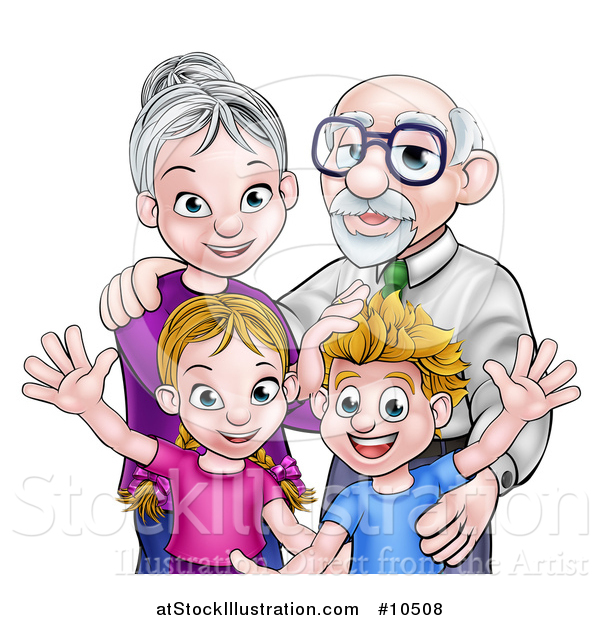 Vector Illustration of a Happy Caucasian Boy and Girl with Their Grandparents