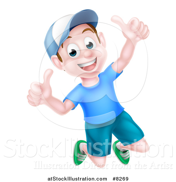 Vector Illustration of a Happy Caucasian Boy Jumping and Giving Two Thumbs up