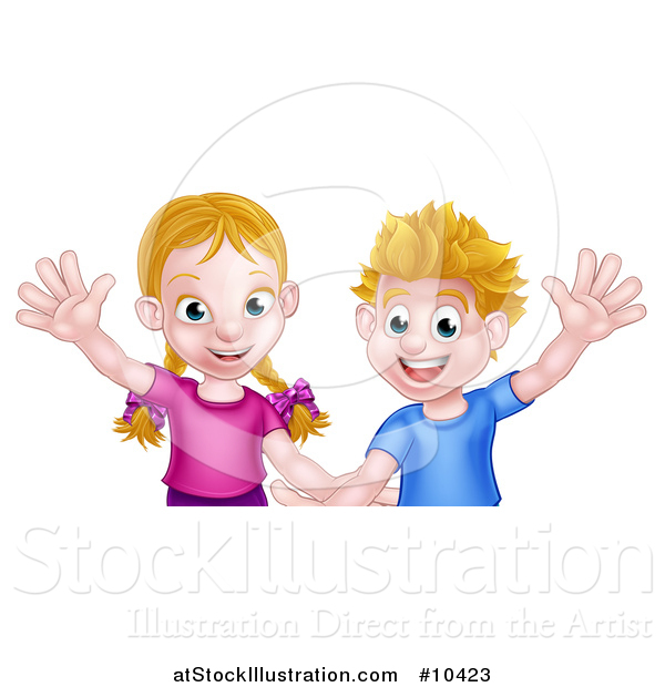 Vector Illustration of a Happy Caucasian Brother and Sister Waving