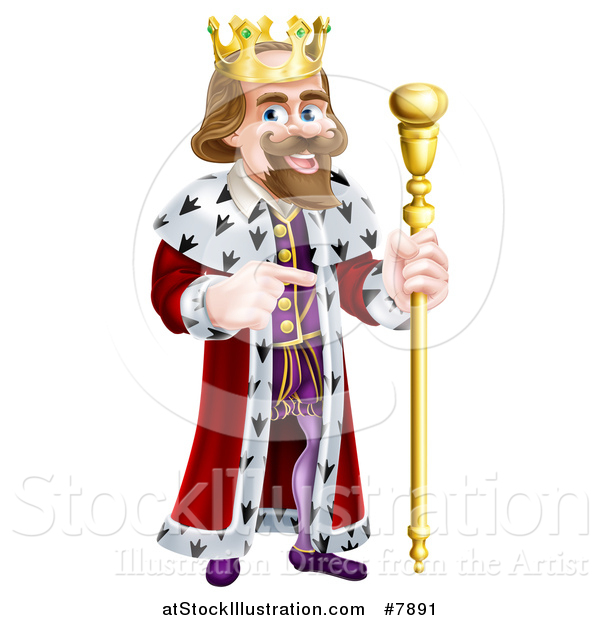 Vector Illustration of a Happy Caucasian King Holding a Staff and Pointing to the Right