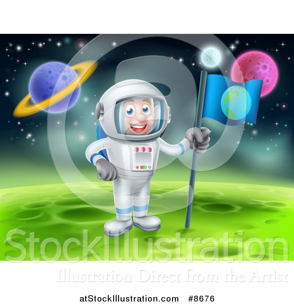 Vector Illustration of a Happy Caucasian Male Astronaut Planting an Earth Flag on a Foreign Planet