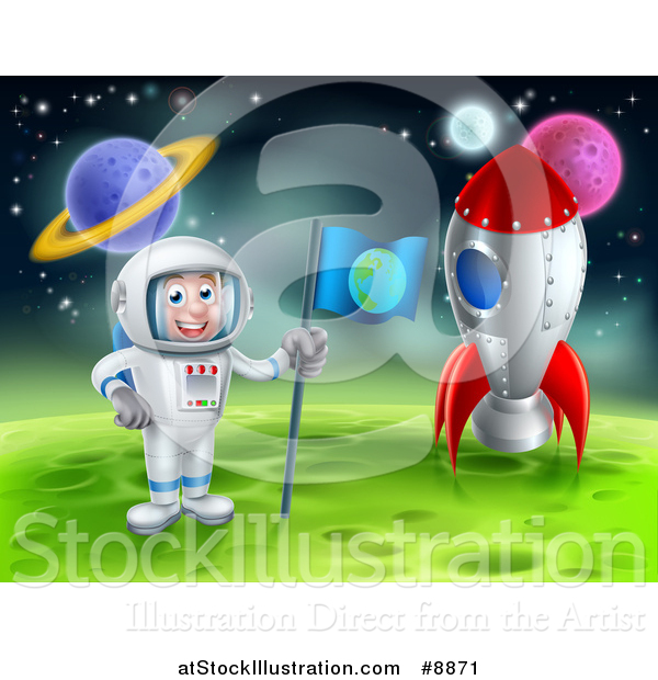Vector Illustration of a Happy Caucasian Male Astronaut Standing by a Rocket and Planting an Earth Flag on a Foreign Planet
