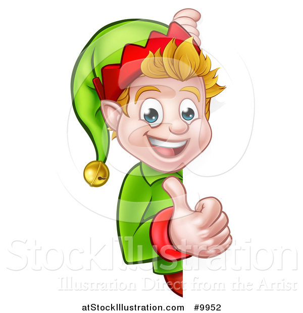 Vector Illustration of a Happy Caucasian Male Christmas Elf Giving a Thumb up Around a Sign