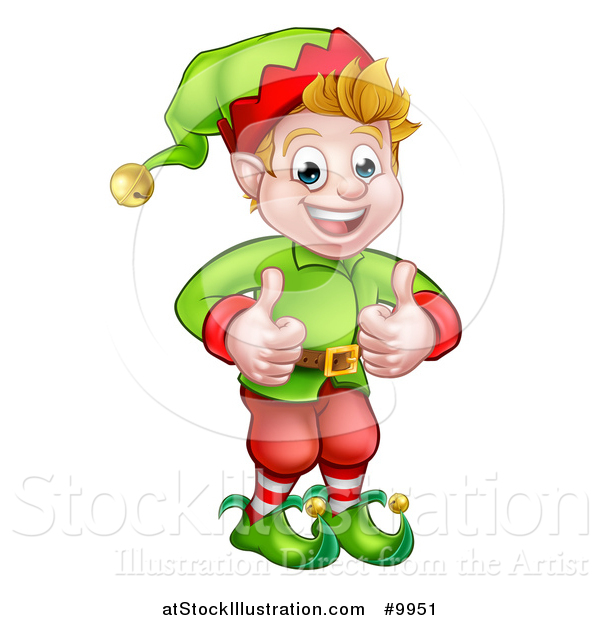 Vector Illustration of a Happy Caucasian Male Christmas Elf Giving Two Thumbs up