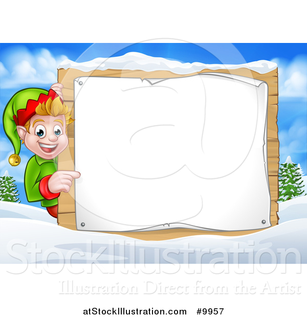 Vector Illustration of a Happy Caucasian Male Christmas Elf Pointing Aorund a Blank Sign in a Winter Landscape