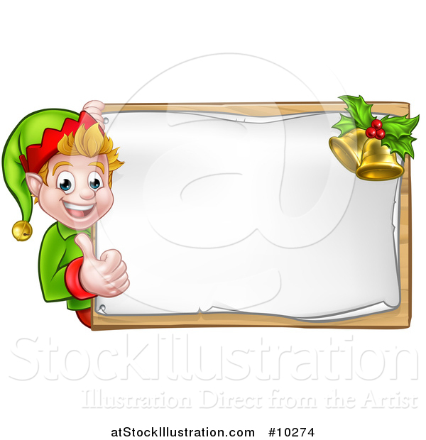 Vector Illustration of a Happy Caucasian Male Christmas Elf Pointing Aorund a Blank Sign with Bells