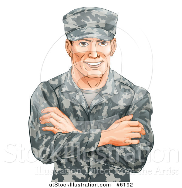 Vector Illustration of a Happy Caucasian Male Soldier in Camouflage, with Folded Arms