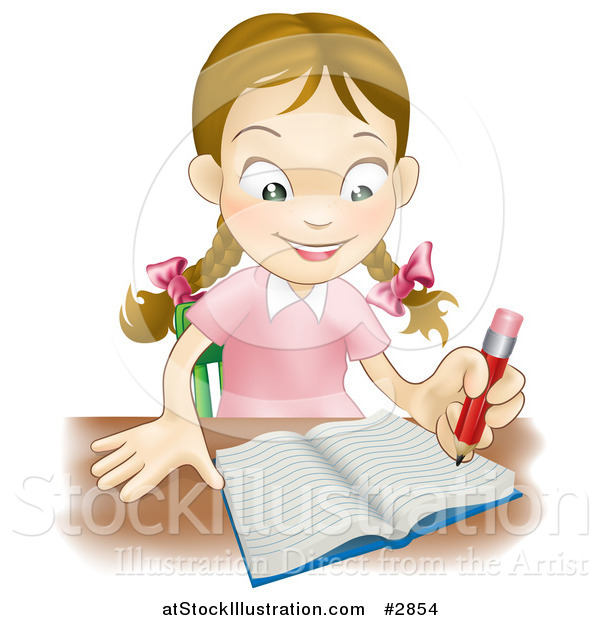 Vector Illustration of a Happy Caucasian School Girl Writing in a School Notebook