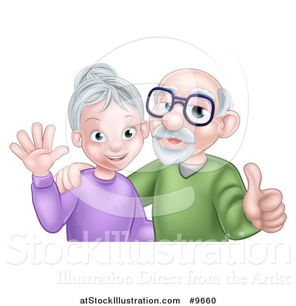 Vector Illustration of a Happy Caucasian Senior Couple Waving and Giving a Thumb up