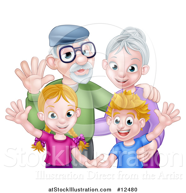 Vector Illustration of a Happy Caucasian Senior Granny and Grandpa with Their Grandchildren