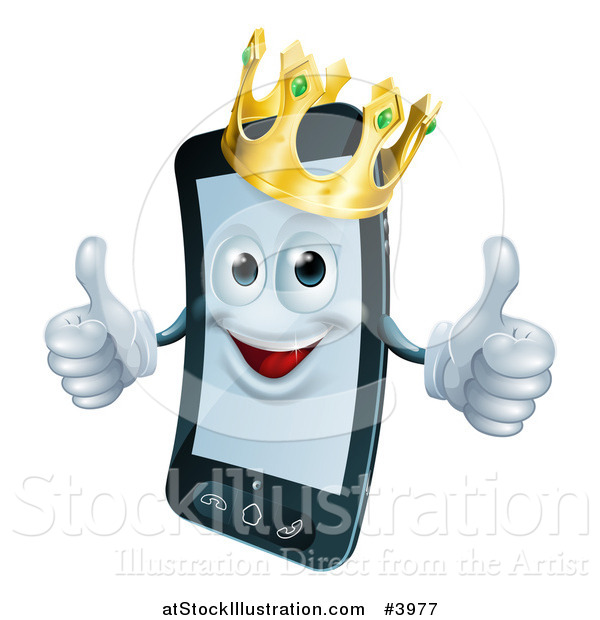 Vector Illustration of a Happy Cell Phone Mascot Wearing a Crown and Holding Two Thumbs up