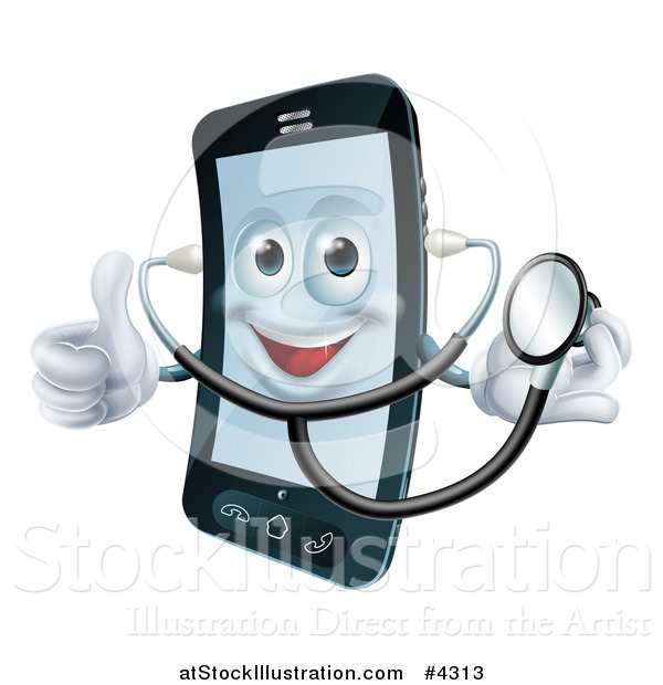 Vector Illustration of a Happy Cell Phone Wearing a Stethoscope and Holding a Thumb up