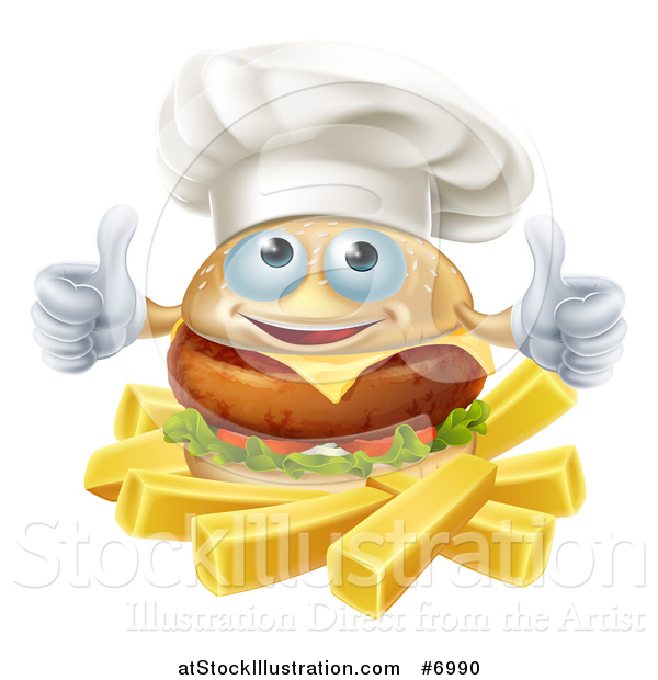 Vector Illustration of a Happy Cheeseburger Chef Holding Two Thumbs up over French Fries