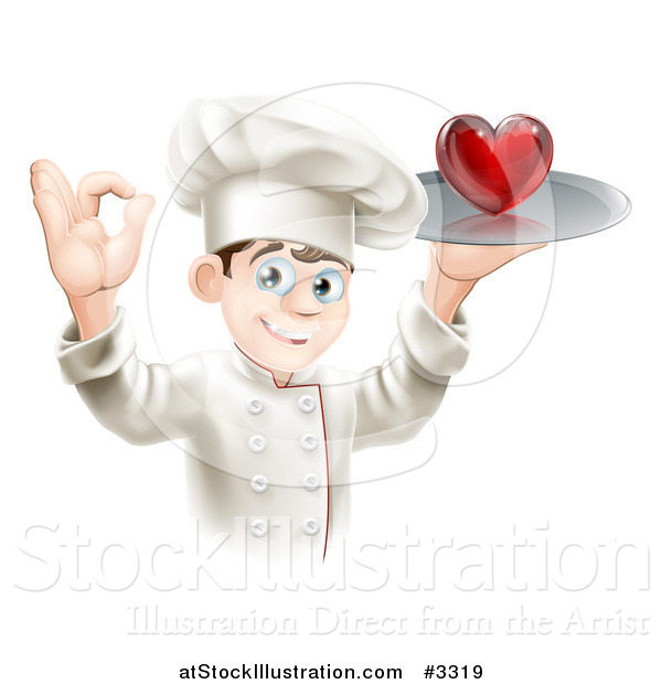 Vector Illustration of a Happy Chef Gesturing Ok and Holding a Heart on a Platter