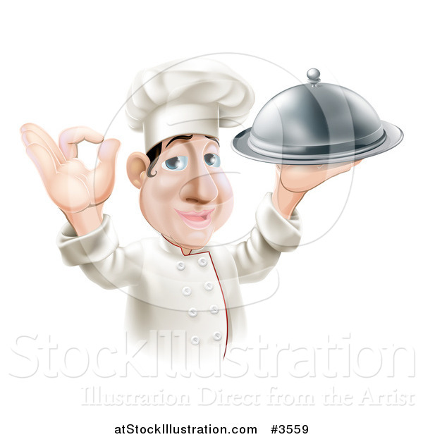 Vector Illustration of a Happy Chef Gesturing Okay and Holding a Platter