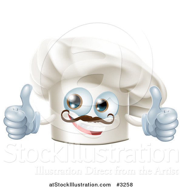 Vector Illustration of a Happy Chef Hat Mascot with a Mustache Holding Two Thumb up