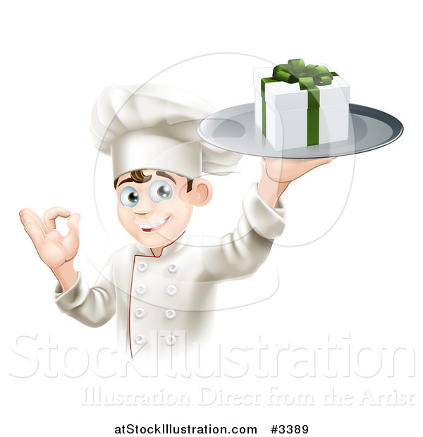 Vector Illustration of a Happy Chef Holding a Gift on a Platter and Gesturing Okay