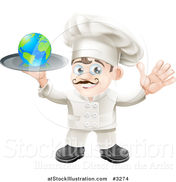 Vector Illustration of a Happy Chef Holding a Globe on a Platter