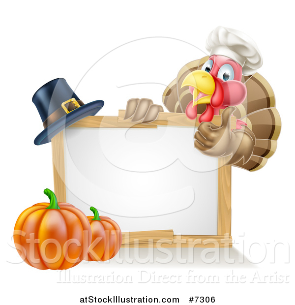Vector Illustration of a Happy Chef Thanksgiving Turkey Bird Giving a Thumb up over a Pumpkin, Blank White Board Sign and Pilgrim Hat