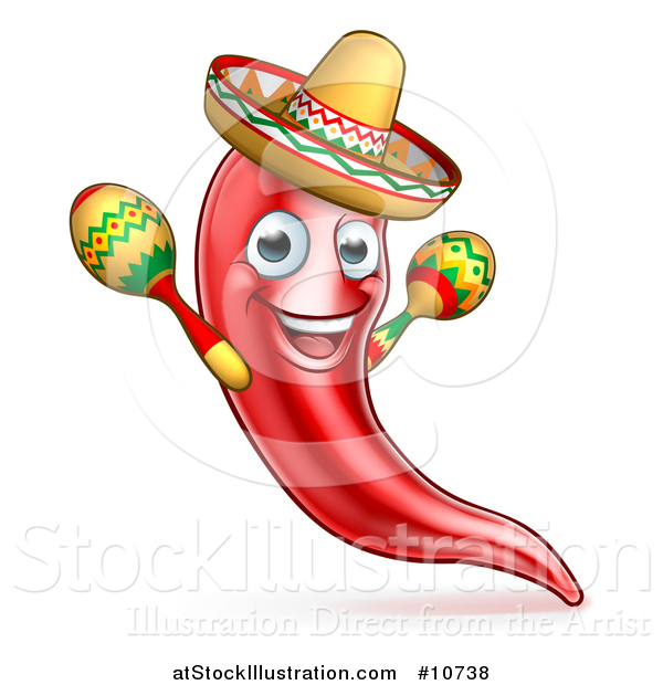 Vector Illustration of a Happy Chile Pepper Mascot Character Playing Maracas and Wearing a Sombrero, Celebrating Cinco De Mayo