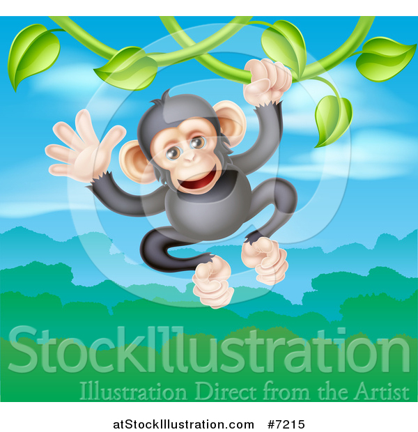 Vector Illustration of a Happy Chimpanzee Monkey Swinging from a Vine over a Valley