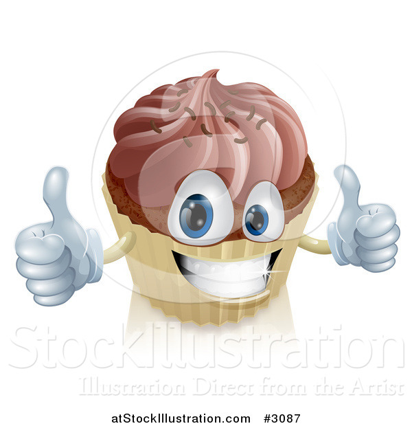 Vector Illustration of a Happy Chocolate Frosted Cupcake Holding Two Thumbs up