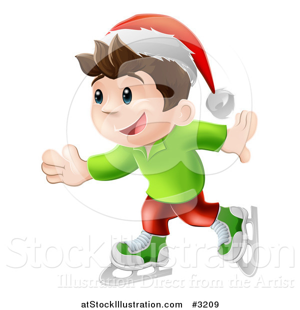 Vector Illustration of a Happy Christmas Elf Boy Ice Skating and Wearing a Santa Hat