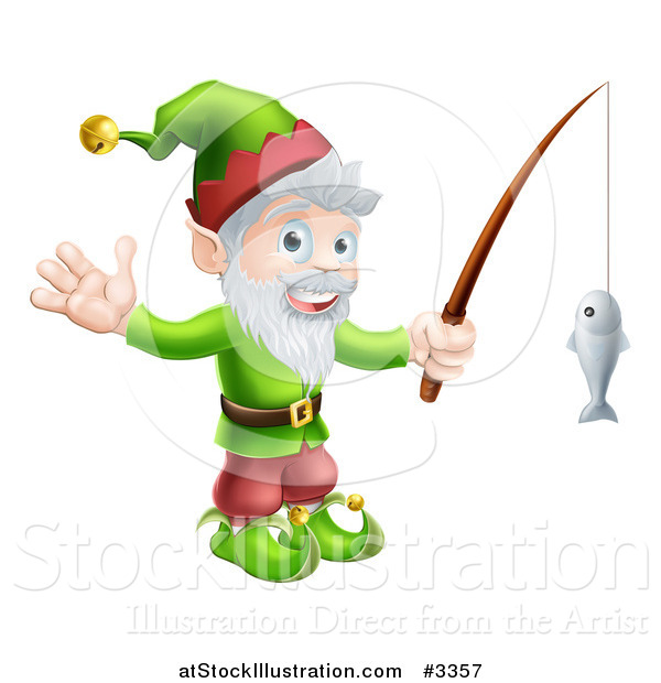 Vector Illustration of a Happy Christmas Elf Waving and Fishing