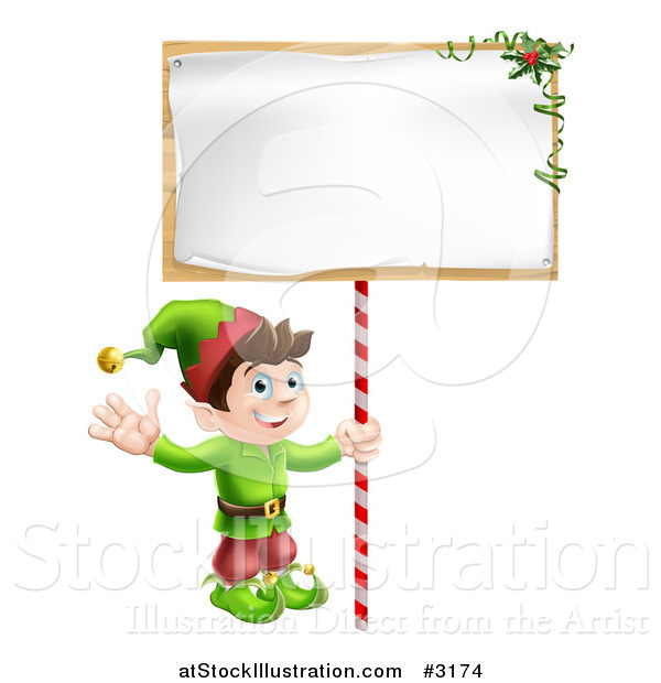 Vector Illustration of a Happy Christmas Elf Waving and Holding a Sign