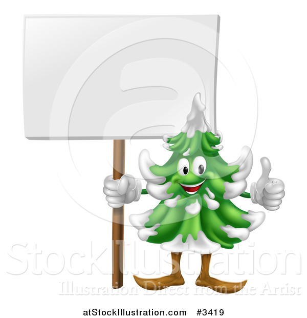 Vector Illustration of a Happy Christmas or Evergreen Tree Mascot Holding a Sign and Thumb up