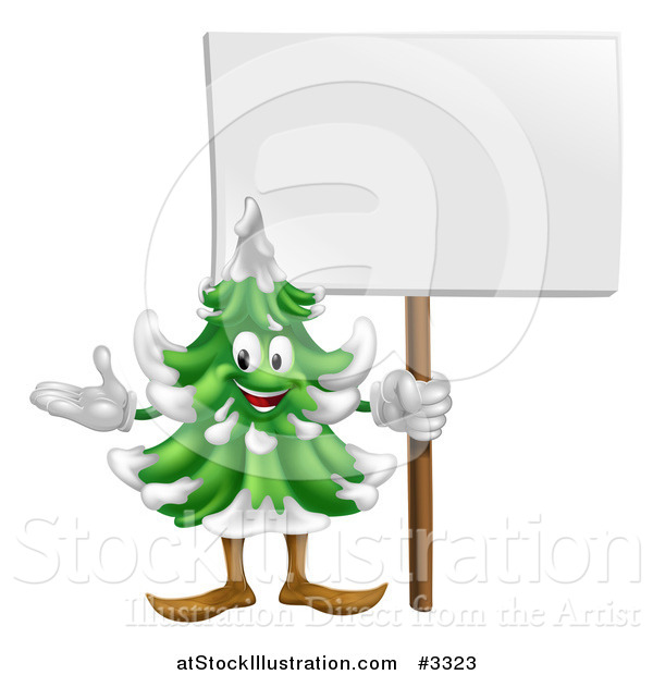 Vector Illustration of a Happy Christmas or Evergreen Tree Mascot Holding a Sign