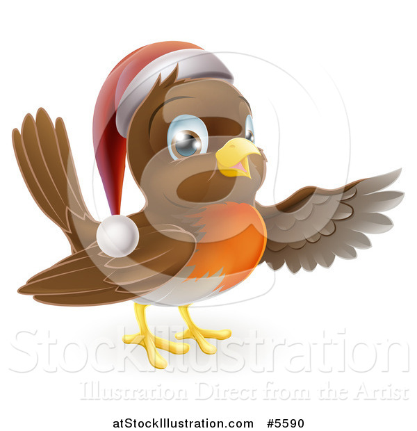 Vector Illustration of a Happy Christmas Robin Bird Pointing