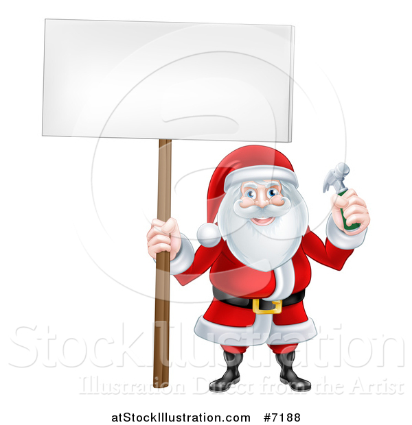 Vector Illustration of a Happy Christmas Santa Claus Carpenter Holding a Hammer and Blank Sign 2