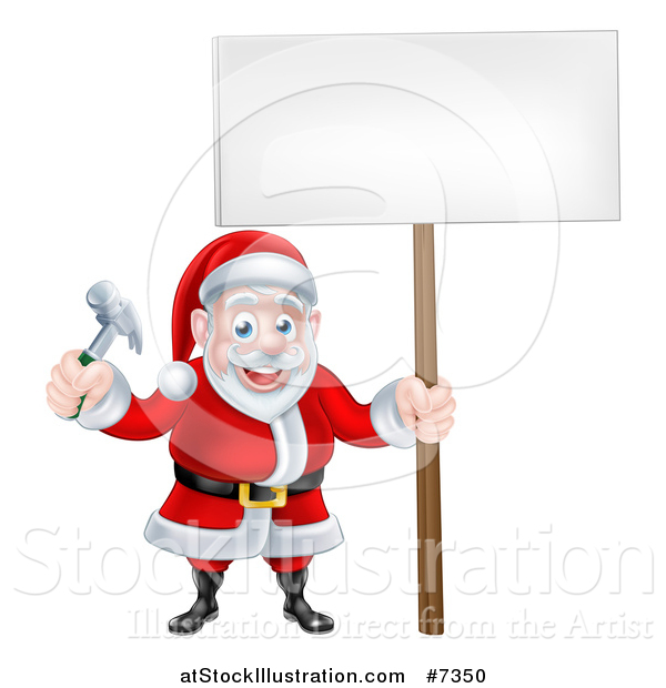 Vector Illustration of a Happy Christmas Santa Claus Carpenter Holding a Hammer and Blank Sign 3