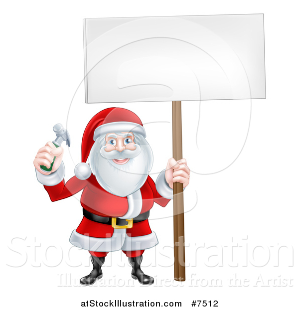 Vector Illustration of a Happy Christmas Santa Claus Carpenter Holding a Hammer and Blank Sign 4