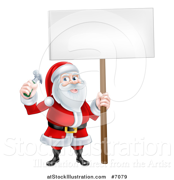 Vector Illustration of a Happy Christmas Santa Claus Carpenter Holding a Hammer and Blank Sign