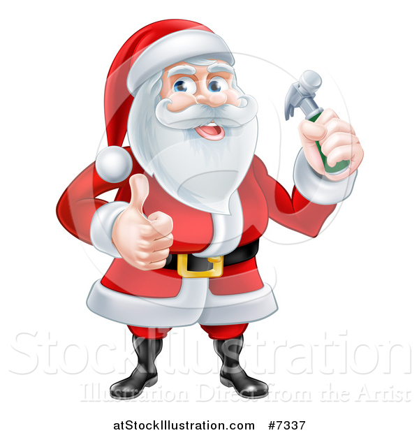 Vector Illustration of a Happy Christmas Santa Claus Carpenter Holding a Hammer and Giving a Thumb up 2