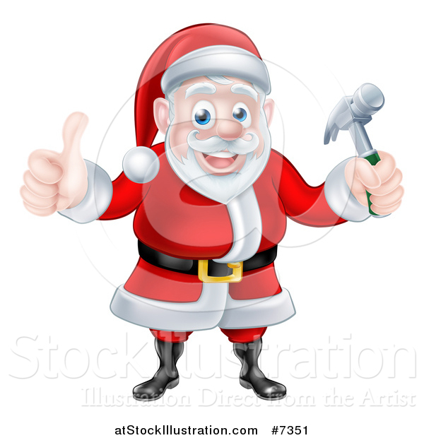 Vector Illustration of a Happy Christmas Santa Claus Carpenter Holding a Hammer and Giving a Thumb up 3