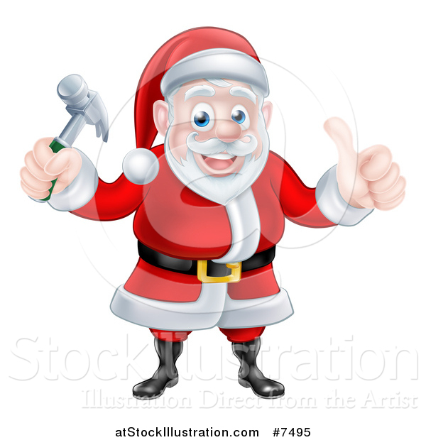 Vector Illustration of a Happy Christmas Santa Claus Carpenter Holding a Hammer and Giving a Thumb up 3