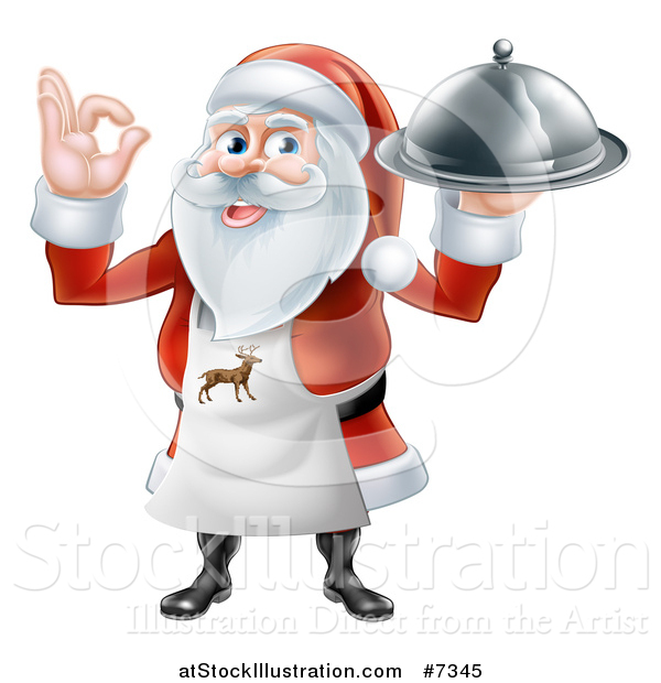 Vector Illustration of a Happy Christmas Santa Claus Chef Gesturing Ok and Holding a Food Cloche Platter 2