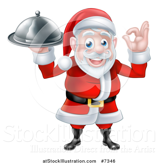 Vector Illustration of a Happy Christmas Santa Claus Chef Gesturing Ok and Holding a Food Cloche Platter 3