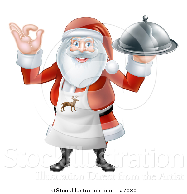 Vector Illustration of a Happy Christmas Santa Claus Chef Gesturing Ok and Holding a Food Cloche Platter