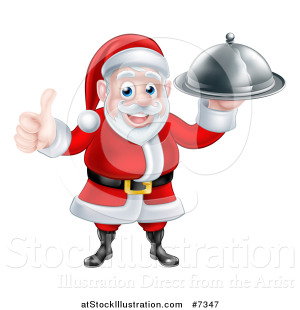 Vector Illustration of a Happy Christmas Santa Claus Chef Holding a Food Cloche Platter and Thumb up